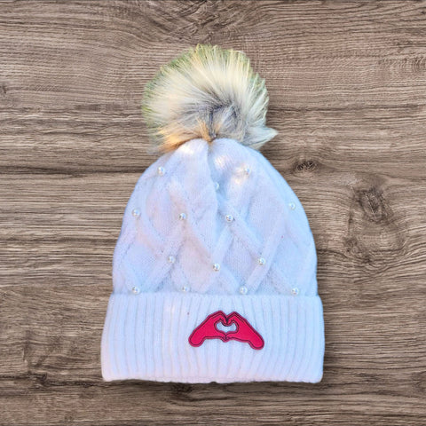 Heart Hands Leather Patch Pom Pom Beanie with Pearls- White