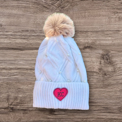 “KC” Heart Leather Patch Pom Pom Beanie with Pearls- White