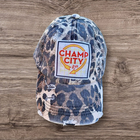 “Champ City” Fabric Patch Ball Cap- Leopard
